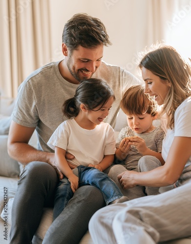 Happy family portrait with parents and children smiling together at home
