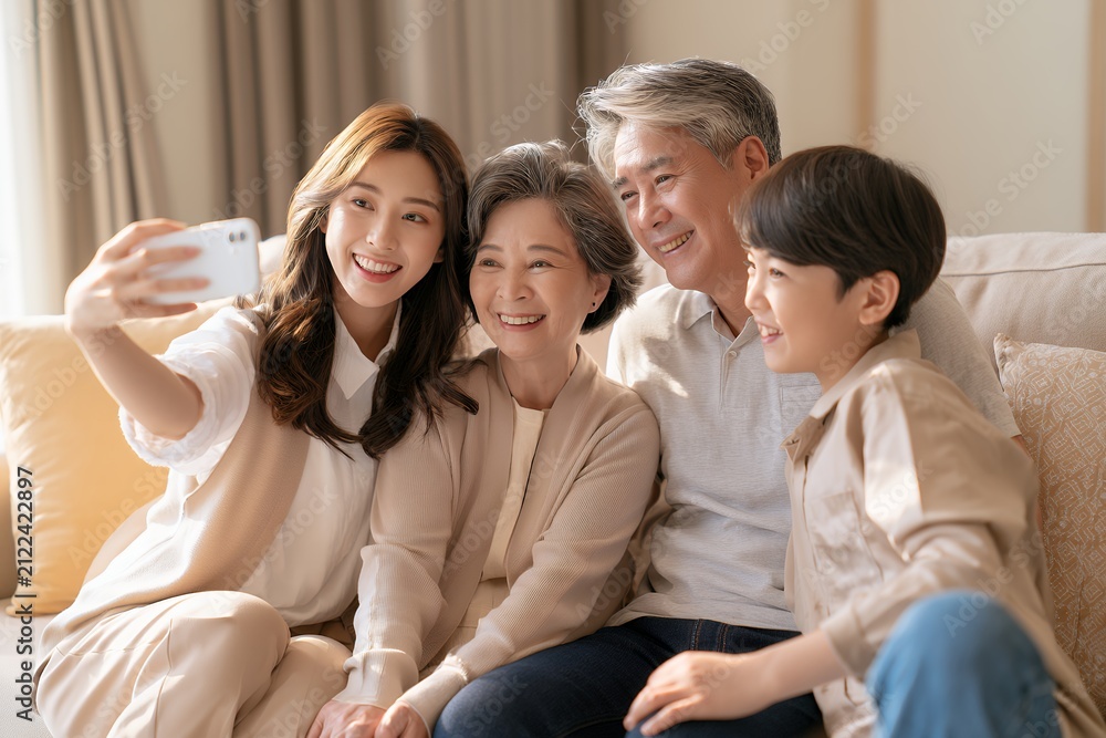 Fototapeta premium Happy multi generation family taking selfie together at home