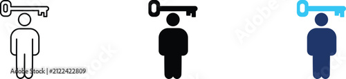 Foto Key person icon set, human figure with key overhead symbol collection, VIP access, critical role, problem solver, key employee concept, line outline, solid glyph, and flat color design element