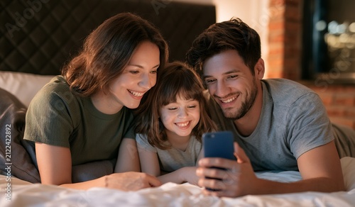 Happy family spending quality time together using smartphone at home