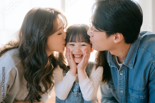 Happy parents kissing daughter on cheeks in joyful family portrait