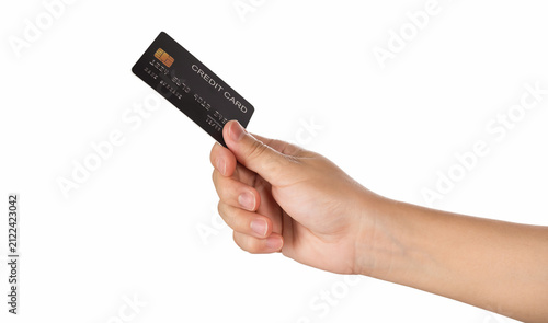 Hand hold credit card isolated on white background.