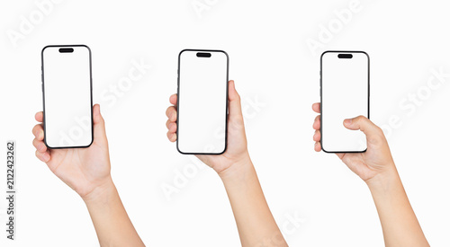 Hand holding the black smartphone with blank screen isolated on white background.