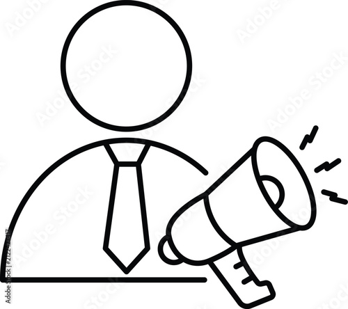 Фотография Public relations spokesperson icon, businessman profile with megaphone loudspeaker symbol, marketing promotion, news announcement, PR broadcasting, thin line stroke outline graphic design element