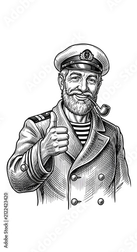 Vintage Sailor Captain Smoking Pipe in Striped Shirt and Cap Illustration