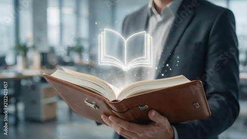 Businessman holding a leather journal with glowing digital open book hologram in modern office.