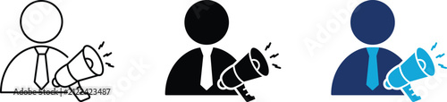 Fotografie Public relations spokesperson icon set, businessman profile with megaphone loudspeaker symbol collection, marketing promotion, news announcement, PR broadcasting, line outline, glyph, flat color