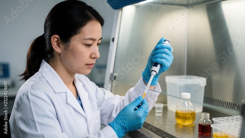 Scientist pipetting sample under fume hood
