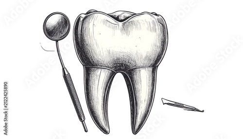 Vintage Tooth Illustration With Dentist Mirror And Probe Isolated