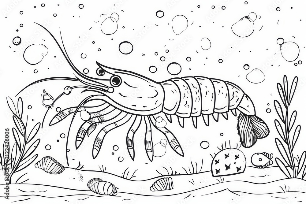 Fototapeta premium Cartoon-style shrimp under the sea, kids coloring page with bold outlines