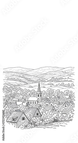Vintage Village Landscape Drawing Isolated Transparent Background