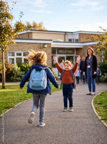 Happy School Children Running to Greet Each Other on First Day of School. copy space