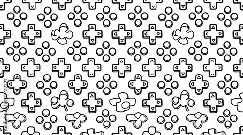 Seamless pattern featuring stylized gaming controllers and button icons.