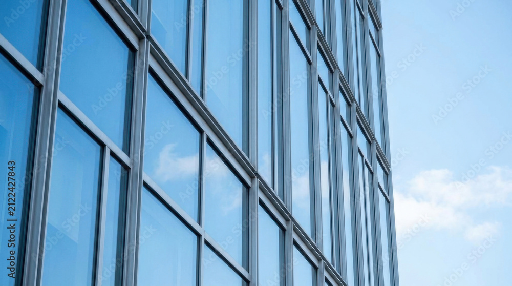 Obraz premium Glass facade skyscraper urban building office tower reflective window modern architecture blue sky exterior wall high rise cityscape