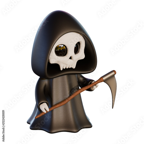 Obraz na płótnie Cute Halloween Character 3D Illustration Grim Reaper Skeleton with Hooded Robe a