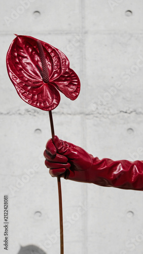 Red Anthurium flower in woman's hand on concrete wall background. Beautiful young person wearing latex gloves, holding bloom. Creative florist shop advertisement. Romantic, playful, festive, minimal