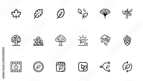 Collection of Minimalist Line Drawing Icons Featuring Various Leaves Trees and Nature Elements on Transparent Background