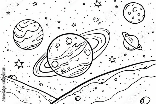 Two planets in space with stars, coloring page for children with clean contours