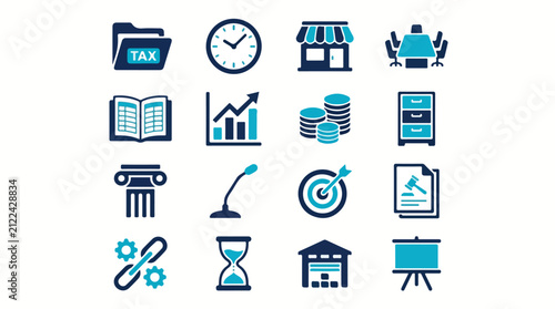 Obraz na plátně A set of sixteen professional business and finance icons featuring tax folders, growth charts, and office tools in a blue and teal color palette