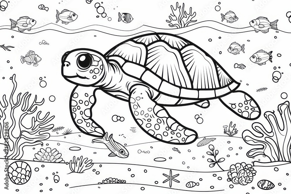 Fototapeta premium Cute cartoon sea turtle, coloring page for children with clean contours