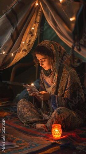 A fortune teller reading tarot cards in a tent illuminated by warm, ambient light, vertical