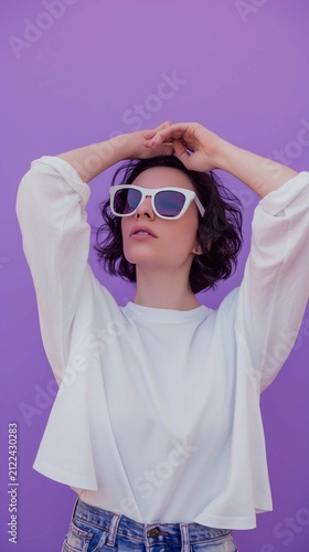 A woman adjusting their sunglasses while looking into the distance, standing against a purple background, vertical