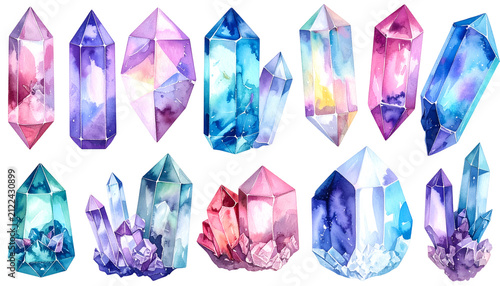 Watercolor Gemstones Crystals Colorful Magic Transparent Background Illustration