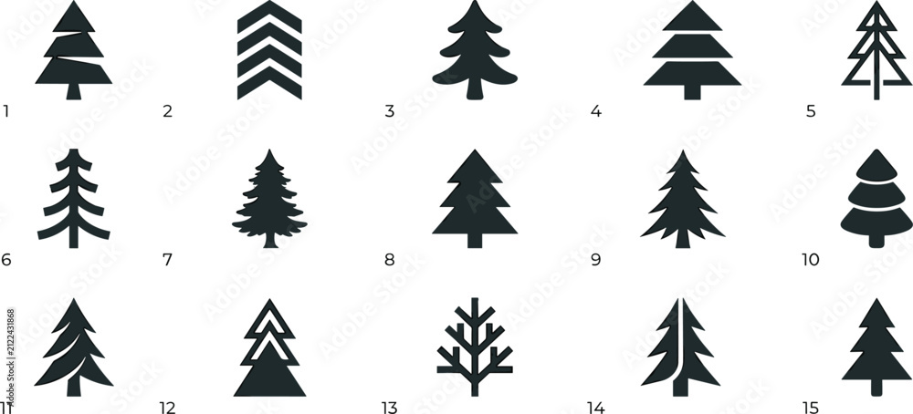 Obraz premium Minimalist Pine and Fir Tree Silhouette Icon Collection Featuring Abstract Geometric Conifer Vectors for Winter Holidays Christmas Graphic and Forest Branding Designs