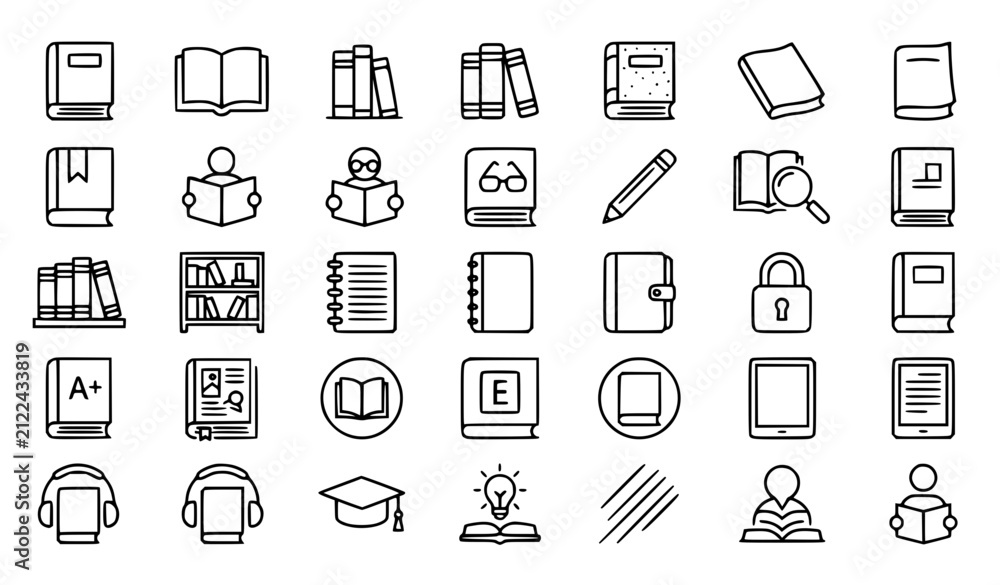 Fototapeta premium Premium book, education, learning and reading line icons set