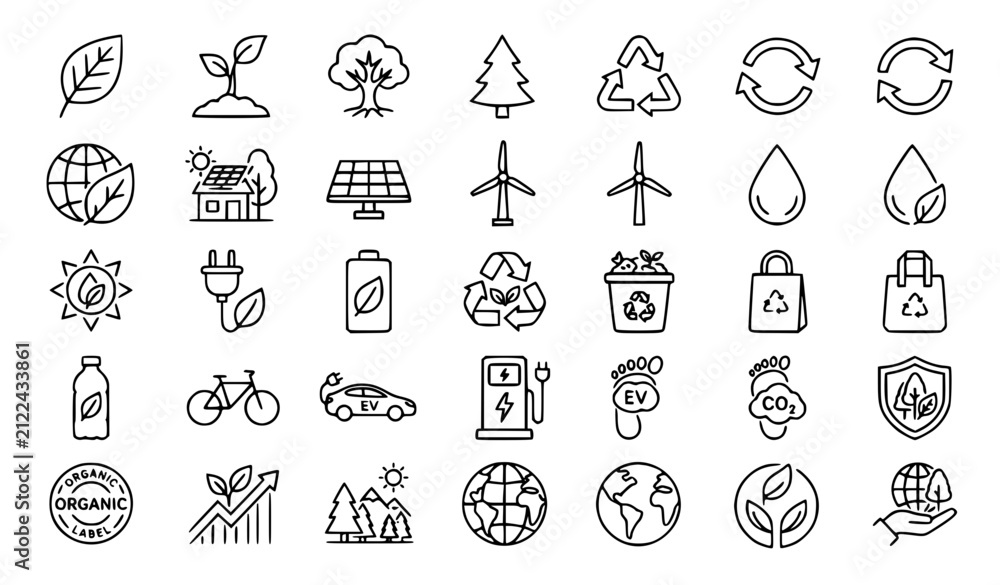 Fototapeta premium Premium eco, environment, green energy and sustainability line icons set