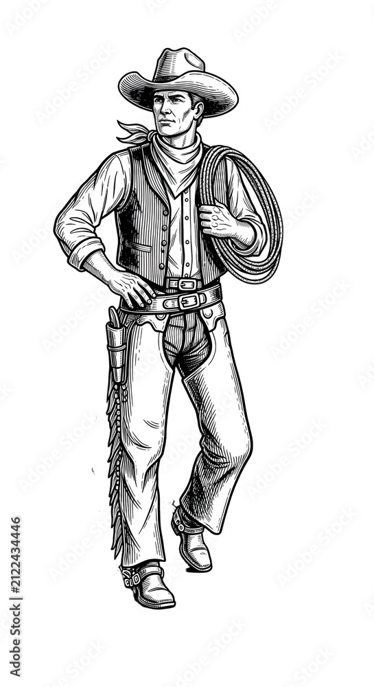 Fototapeta premium Western Cowboy Man Isolated Transparent Background Line Art Style