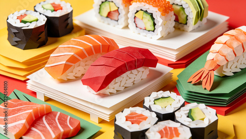 Sushi made of paper on colorful background. Food origami, papercraft, handcraft. Cardboard salmon, shrimp, tuna nigiri, Philadelphia, California maki rolls. Creative, organic, recycling, eco concept