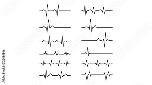 Set of twelve black heartbeat ekg or ecg pulse line on a white background, medical rhythm waveform
