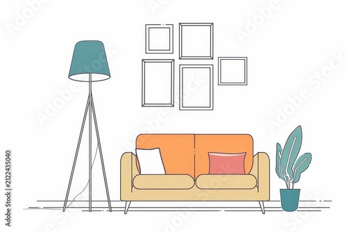 Modern living room with sofa and floor lamp, cheerful colorful graphic