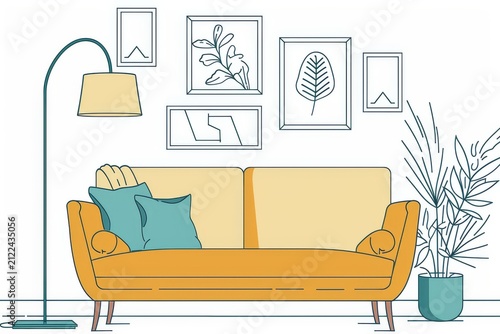 Modern living room with sofa and floor lamp, colorful cartoon illustration