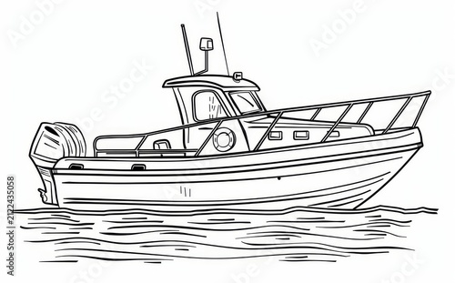 An old-style police boat on the water, black and white line art