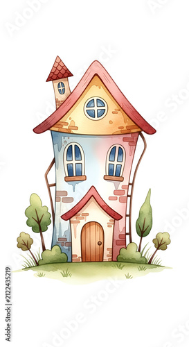Whimsical Watercolor House Illustration With Trees and Grass