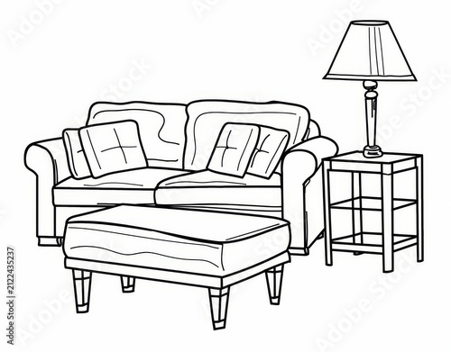 Oversized sofa with two square pillows, black and white line art