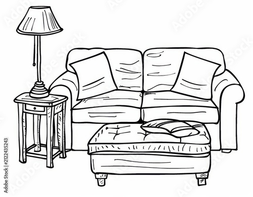 Oversized sofa with two square pillows, monochrome outline illustration