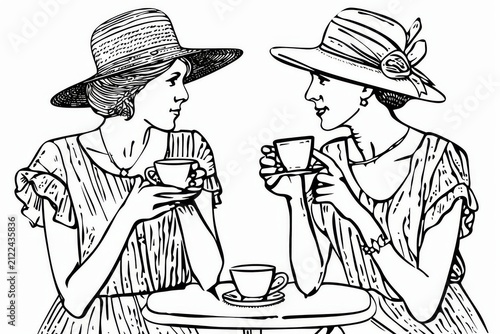 Two women in vintage dresses and hats sharing tea, black and white line art
