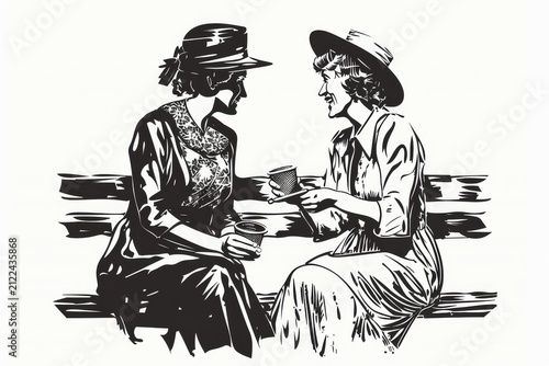 Two women in vintage dresses and hats sharing tea, minimal vector line drawing