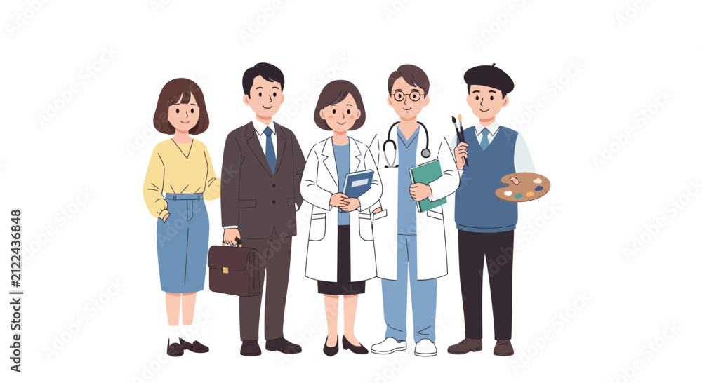 Fototapeta premium Group of diverse professionals including doctor businessman and artist standing together in a flat vector illustration style