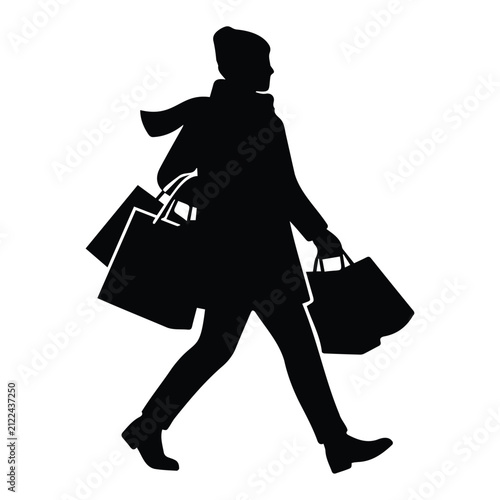 Woman silhouette walking with shopping bags, fashion and lifestyle illustration on white.