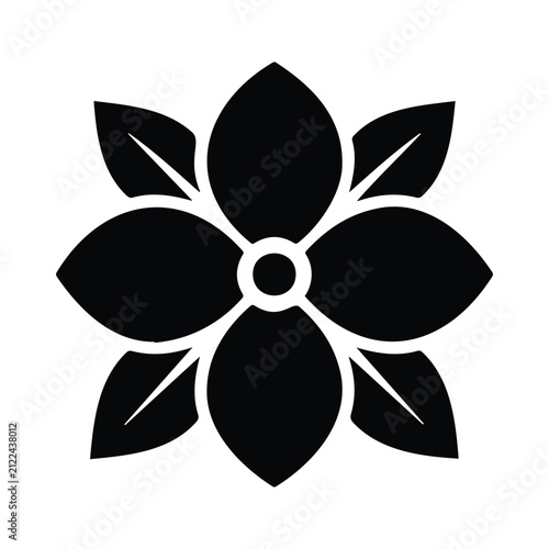 Simple floral silhouette icon with six rounded petals and center circle black and white art.