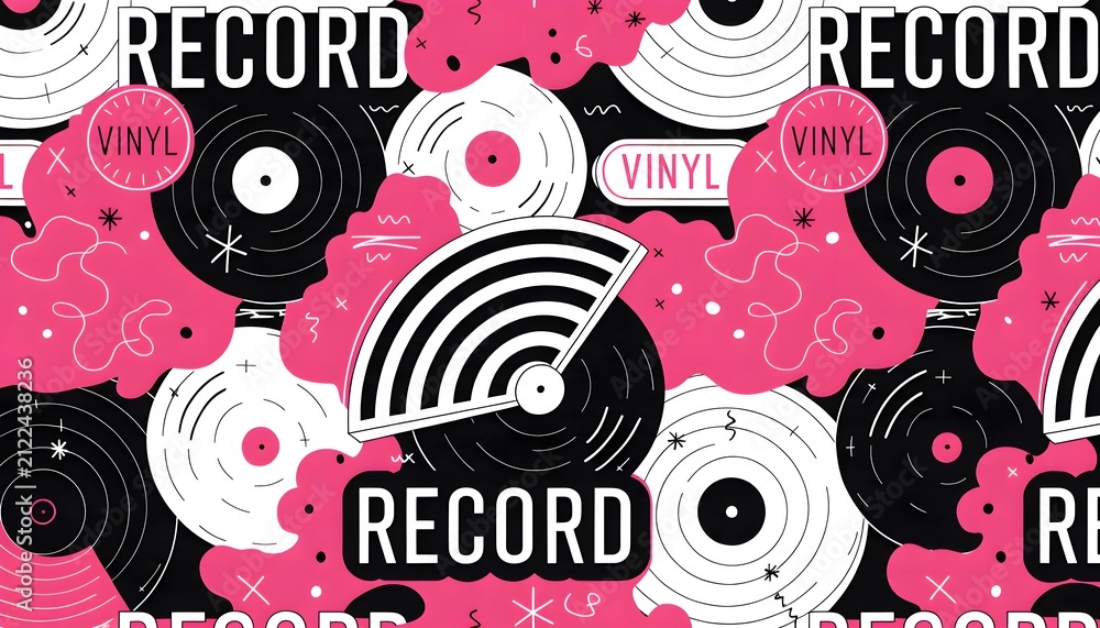 Naklejka premium Vibrant hot pink pop art vinyl record pattern in black and white, ideal for retro fashion print, trendy textile design, summer apparel, and bold youth packaging.