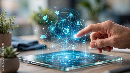 A hand touches a glowing digital network interface on a glass tablet, representing a smart global management system and interconnected business technologies.