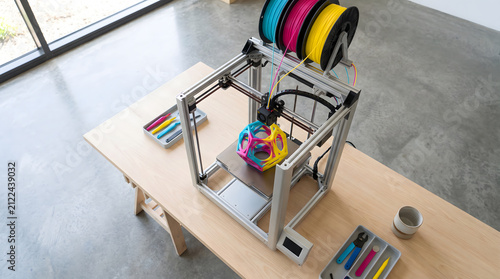 Desktop 3D printer actively printing a colorful geometric model on a wooden workbench