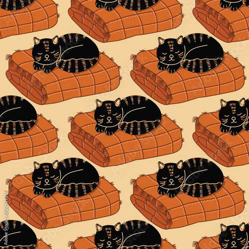 Cute sleeping black cat on cozy orange plaid blanket seamless pattern, hand drawn autumn hygge vector background
