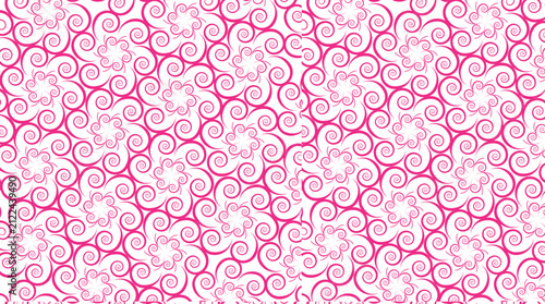 Seamless pattern with repeating pink spiral swirls and floral motifs on a plain white background