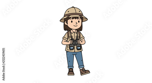 Cute cartoon female explorer wearing safari outfit and pith helmet holding binoculars
